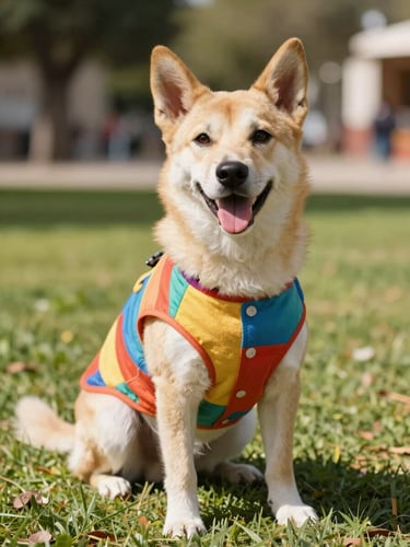 Un perro salchicha alegre vistiendo una colorida camisa playera hecha a mano, sentado en un parque soleado de Celaya, iluminación natural brillante