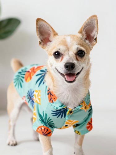 A happy small dog wearing a colorful tropical print pet shirt, looking directly at the camera, bright natural daylight studio setting, shallow depth of field.