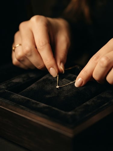 Hands carefully placing a delicate gold necklace into a luxurious velvet-lined jewelry box, soft golden light, dark background, macro lens, shallow depth of field.