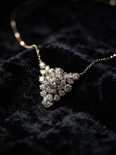 Close-up macro shot of an elegant diamond necklace on a dark velvet backdrop, dramatic low-key lighting, deep black and gold tones, macro lens, shallow depth of field, catching light on the facets.