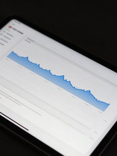 Close-up of a high-contrast dark mode analytics interface on a physical tablet screen, sharp shadows, cool natural light, clean Swiss layout.