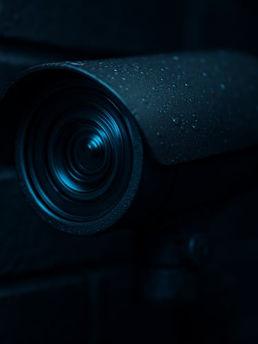 Close macro of a surveillance camera lens mounted on a dark brick commercial facade, shallow depth of field, cool blue studio lighting catching the glass lens element, near-black background, moisture visible on the housing