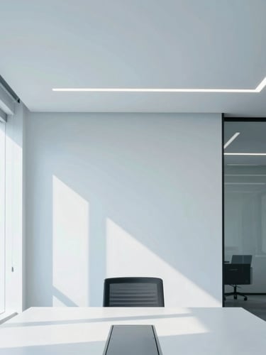 Modern minimal corporate office boardroom in Dhaka, high-key daylight, sharp architectural lines, cool blue and white tones, 35mm