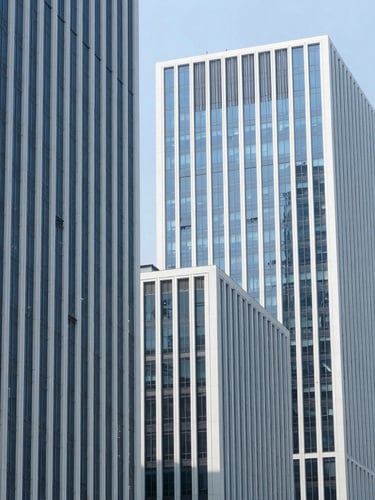 High-contrast architectural photograph of Dhaka's modern business district, clean lines, bright daylight, cool blue tones, 35mm
