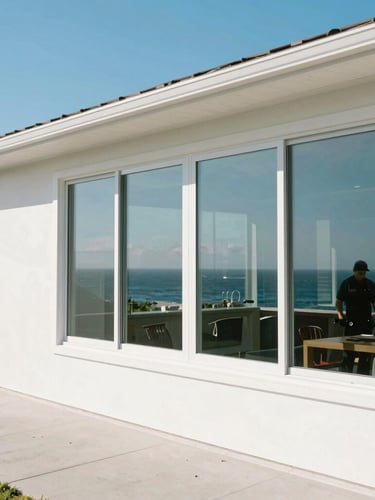A bright, sun-drenched wide shot of a modern coastal home in Orange County with sparkling clean windows reflecting a clear blue sky, crisp white trim, and a professional uniform-clad technician visible in the distance.