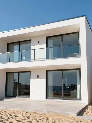 Wide shot of a beautiful modern beach house with gleaming clean windows under a bright blue sky