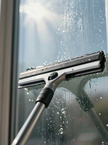 Close-up of a professional squeegee clearing water from a window, bright sun rays, clean glass surface.