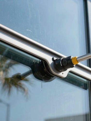 A close-up action shot of a professional window washing squeegee gliding across pristine, sunlit glass, reflecting a clear blue sky and palm trees