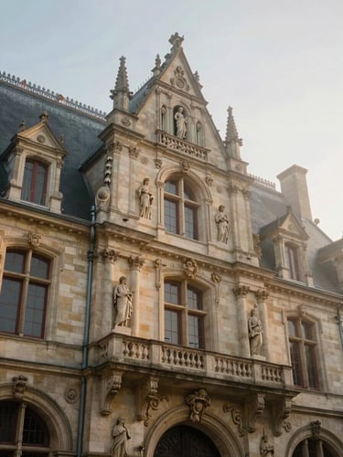 Vue verticale de la façade en pierre sculptée de l'Hôtel de Ville de La Bourboule, détails d'architecture Belle Époque sous une brume matinale dorée.