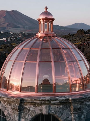 Close-up of the historical Belle Époque dome of the La Bourboule thermal baths, rose gold morning light reflecting on the stone and glass, volcanic mountains in the soft-focus background.