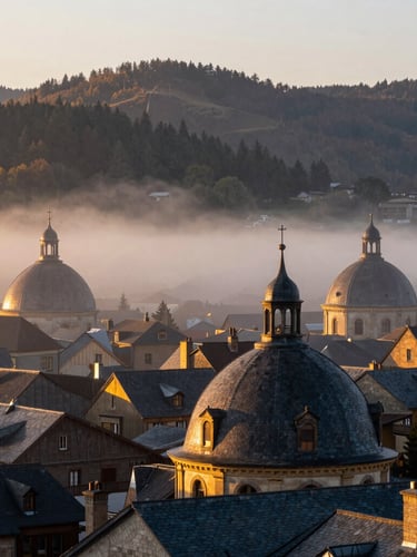 Wide panoramic shot of La Bourboule thermal town at sunrise, historic domes rising through soft morning mist, the forested slopes of the Massif du Sancy in the background, golden light hitting the slate roofs.