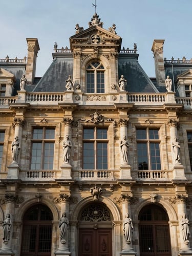 Façade majestueuse de l'Hôtel de Ville de La Bourboule à l'architecture Belle Époque, détails de pierre volcanique sombre et ornements sculptés sous une lumière douce de fin d'après-midi d'automne.