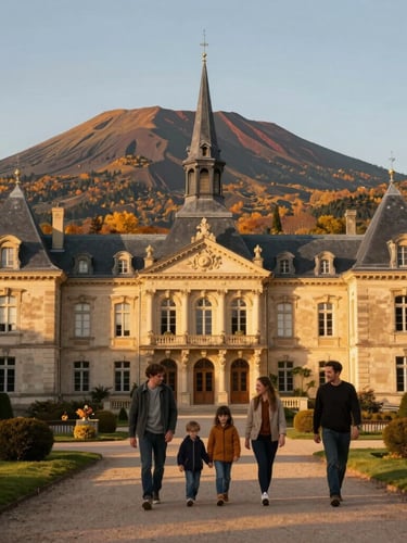 Wide panoramic shot of a young family walking through the historic Parc Fenestre in La Bourboule, majestic Belle Époque architecture and volcanic peaks of Sancy in the background, warm golden hour autumn light.