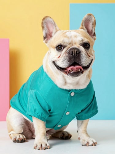 A happy, chubby French Bulldog wearing a vibrant custom-tailored teal shirt, sitting comfortably in a bright studio, eye-level shot, 50mm.