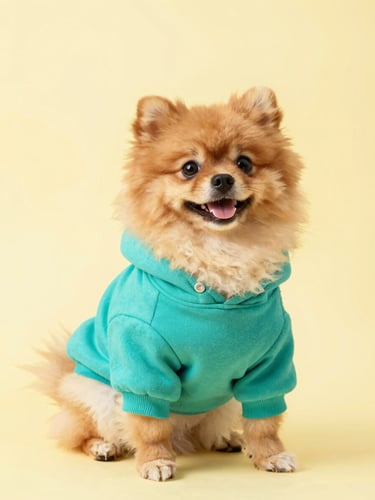 A happy fluffy Pomeranian wearing a vibrant teal hoodie, sitting in a bright studio with soft pastel yellow backdrop, sharp focus, 50mm
