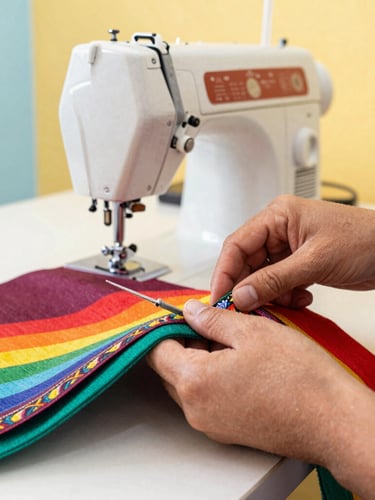 Hands of a Mexican artisan carefully cutting colorful fabric in a brightly lit workshop in Celaya, sewing machine visible in the soft background, warm daylight, 50mm