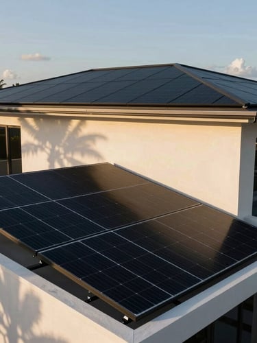 Wide architectural elevation of a minimalist luxury Florida estate at golden hour, featuring a seamlessly integrated, flush-mount all-black monocrystalline solar array with zero visible conduits, dramatic shadows.