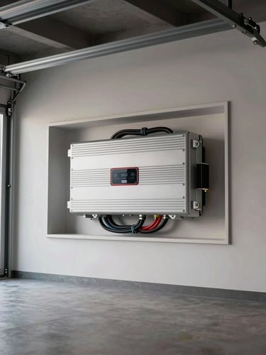 Clean modern garage interior of a luxury estate showing a pristine, flush-mounted inverter installation with neat internal wiring, low-angle soft lighting.