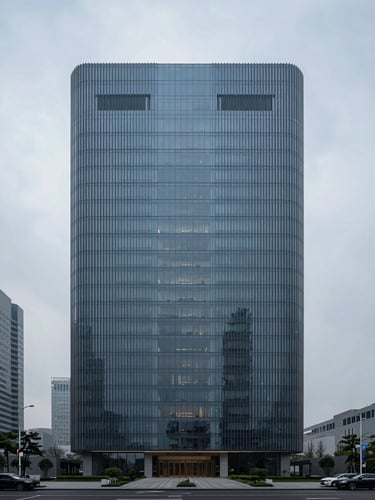 Minimalist architectural photography of a modern high-end boardroom in a global financial center, cool overcast daylight, desaturated blue and charcoal tones, sharp focus.