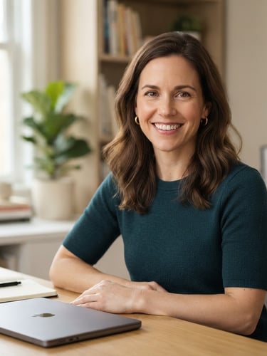 A professional female tutor in a clean, daylight-filled home office, smiling directly at the camera as if on a high-definition video call, soft natural lighting, neutral background, shallow depth of field