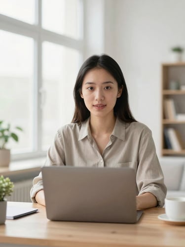 A professional bilingual tutor in a bright, modern home office, looking directly into the camera simulating a high-definition video call, warm window light, clean background