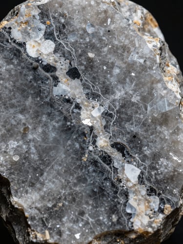 High-contrast macro shot of the crystalline texture of a natural quartzite slab, highlighting the deep gray and white veins