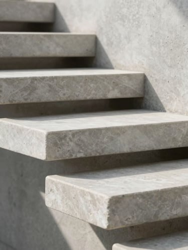 Extreme close-up of a minimalist floating stone staircase made of white quartzite, sharp mitered edges, hard directional side lighting casting geometric shadows on a concrete wall.