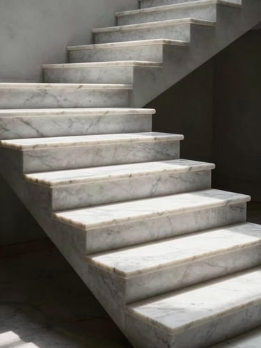 High-contrast architectural shot of a floating staircase made of pure white marble, sharp shadows from overhead lighting