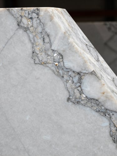 Macro shot of a premium white quartzite slab with dramatic grey veins, hard directional lighting highlighting the crystalline polished texture, architectural framing