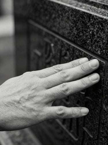 Detailed close-up of a hand gently tracing the carved edge of a black granite funeral plaque, high contrast black and white, soft focus background