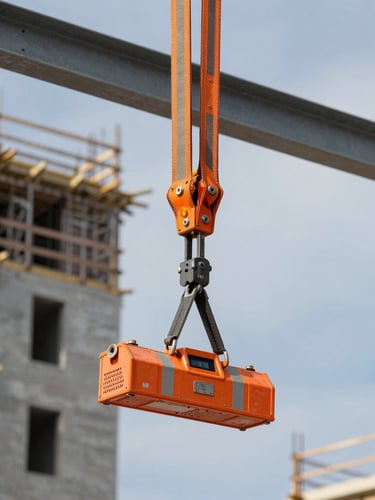Close-up of high-visibility orange crane rigging and steel beams being hoisted on an active Sint-Maarten residential construction site under bright daylight
