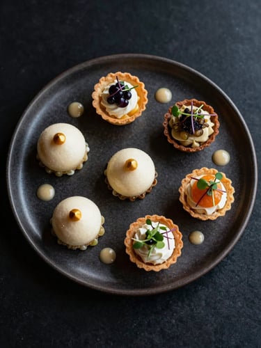 Overhead flat-lay of five artisan appetizers arranged on a dark ceramic board — a quenelle of mousse, a crisp tartlet, a skewer with micro-herb — side-lit warm studio light, champagne gold accents in the sauce dots, dark negative space surrounding