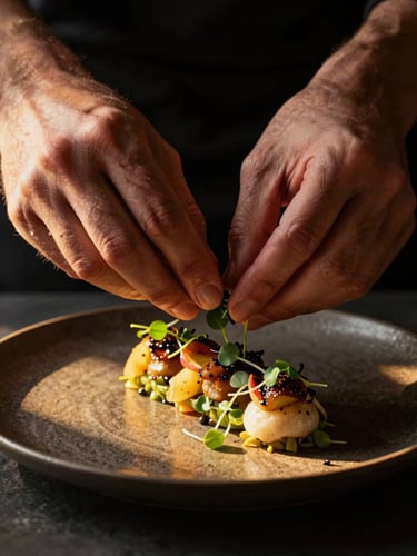 Close-up macro shot of a chef's hands precisely placing a micro-herb garnish onto an elegantly plated entrée, dramatic side-light casting warm gold shadows across the dark ceramic plate, rich negative space in the background