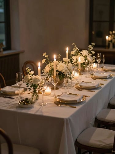 Wide environmental shot of an elegantly set private dining table for twelve, warm ambient candlelight and uplighting illuminating white linen, champagne gold flatware, and tall floral arrangements, soft shadows deepening the mood, no people