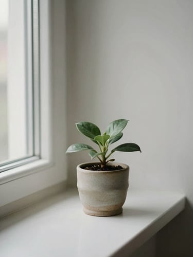Minimalist fine art photography of a quiet room corner with a single green plant in a handmade ceramic pot, soft daylight streaming from a window, muted tones, shallow depth of field
