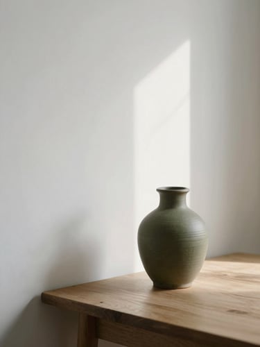 Soft morning daylight entering a minimalist room, olive ceramic vase on a wooden table, soft shadows on a white wall, minimalist fine art photography