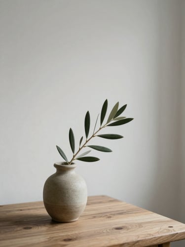minimalist fine art photography of a serene interior, soft morning daylight, muted olive and white tones, a single branch of olive leaves in a ceramic vase on a wooden table, shallow depth of field, 35mm