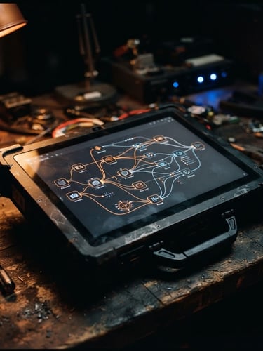 Close-up of a rugged tablet showing node-based workflow diagrams resting on a wooden workbench in a modern workshop, warm orange accent lighting, dark editorial photography, 35mm