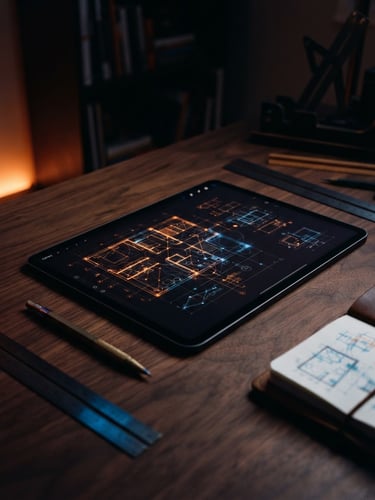 Sleek tablet screen on a clean wooden architect desk, low-key moody lighting with sharp orange light accents, 35mm