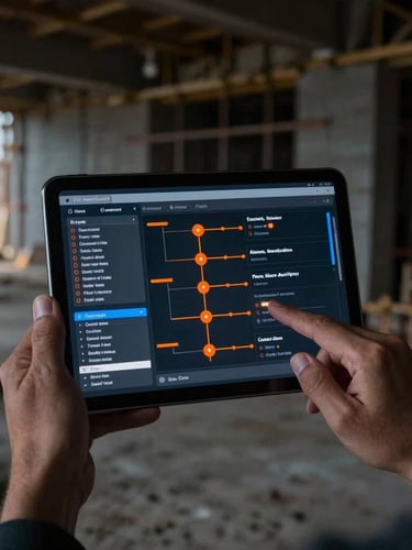 Dark editorial photography, close-up of hands holding a tablet showing clean workflow nodes on a tidy construction site, sharp orange light accents, 35mm