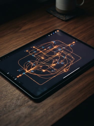 Sleek tablet screen on a clean dark wooden desk showing a node-based workflow diagram with subtle glowing orange connections, dark editorial photography, low-key lighting, 35mm