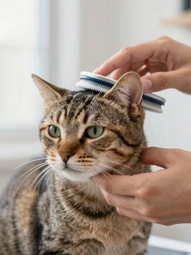 Close-up of gentle hands carefully brushing a relaxed tabby cat in a bright, clean pet salon, soft diffused daylight, shallow depth of field