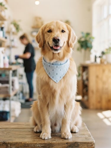 A calm, freshly groomed golden retriever sitting happily in a bright, sunlit salon, soft natural daylight, shallow depth of field, 35mm