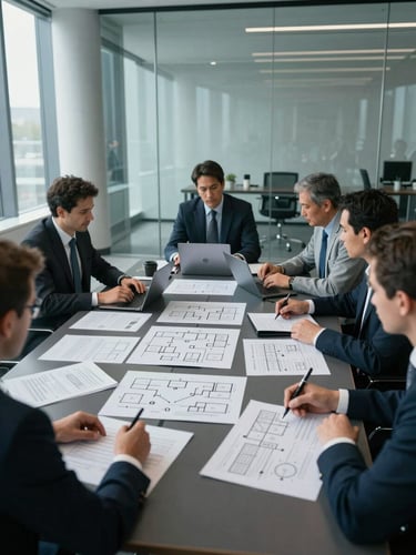 Wide-angle view of a corporate strategy session in a glass-walled boardroom, three executives reviewing printed process diagrams spread across a dark conference table, cool north-facing daylight flooding from the left, architectural columns visible in background, documents and laptops mid-use