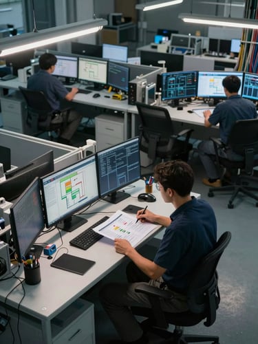 Overhead shot of an enterprise operations floor with multiple workstations displaying live dashboards and process diagrams, cool directional light from ceiling fixtures, infrastructure cables visible along the right edge, two technicians reviewing printed workflow documentation at a central desk