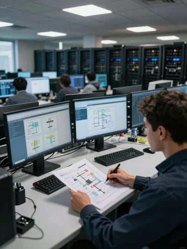 Wide interior of an enterprise operations floor, rows of workstations with active dashboards on screens, cool directional overhead lighting casting sharp shadows, a technician reviewing printed infrastructure diagrams in the foreground, deep background showing server rack corridors