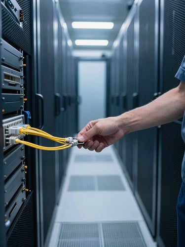 Tight environmental shot inside a data center corridor, rows of illuminated server racks receding into depth, cool blue-white LED light casting sharp parallel shadows on the floor, a technician's hand adjusting a fiber cable connection in the foreground