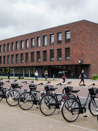Wide environmental shot of a modern brick university campus in Utrecht, bicycle racks filled with bikes in the foreground, students walking in overcast northern European daylight, clean composition.