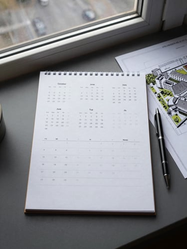 Top-down clean desk layout, a minimalist paper calendar planner showing months October to June, a sleek pen, overcast northern daylight from a window, architectural blueprint of a Dutch campus nearby.