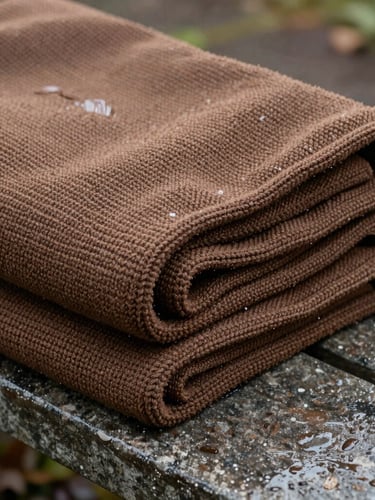 Close-up of folded waterproof knitted blankets on a damp stone bench, wet-look post-rain sheen, overcast natural daylight, rich damp earth tones, 35mm